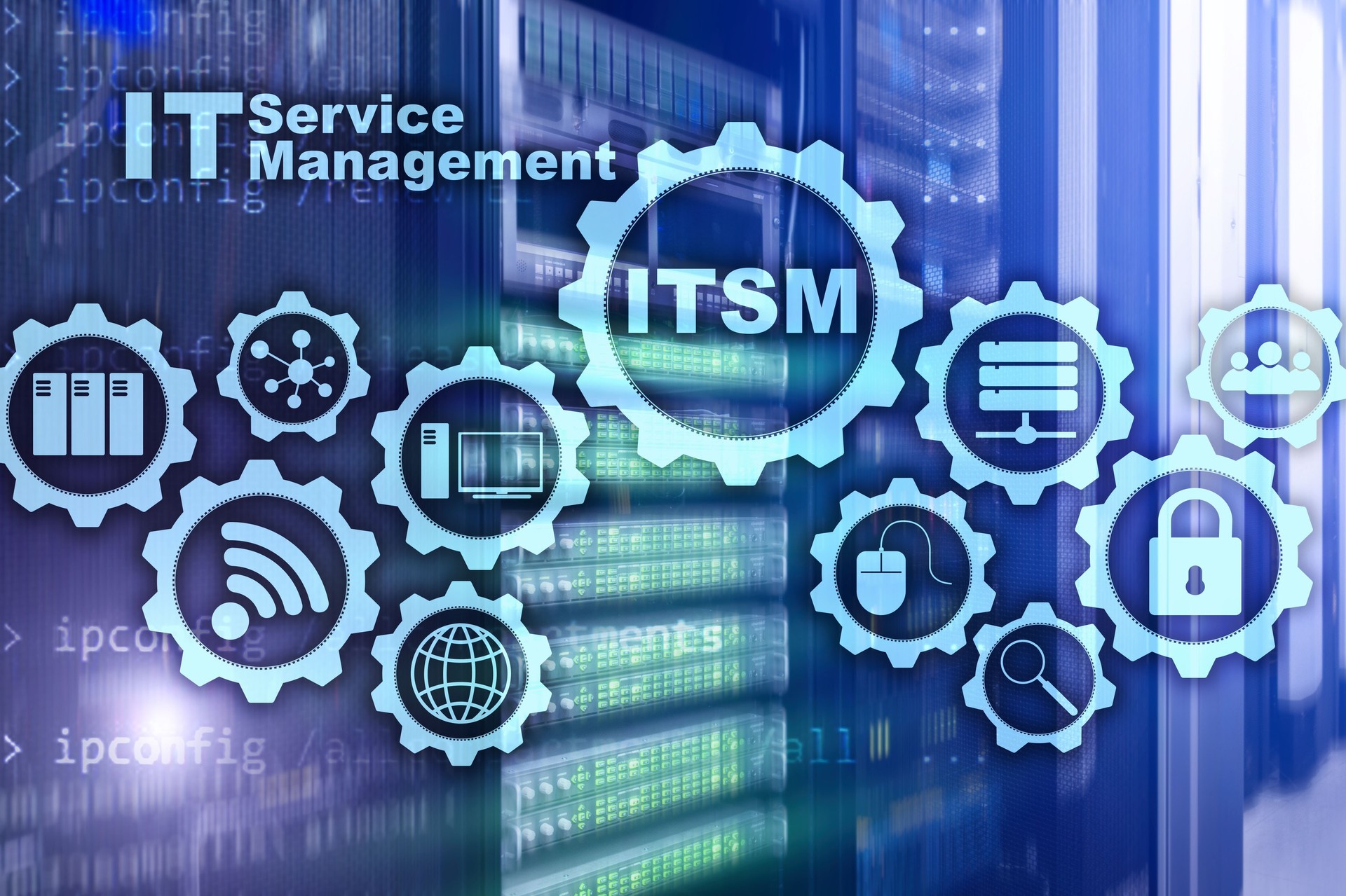 ITSM. IT Service Management. Concept for information technology service management on supercomputer background.